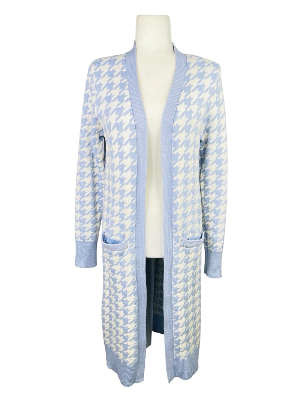 Express Blue/White Metallic Houndstooth Print Open Front Duster/Cardigan Sz.S